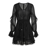 Conmoto Red Autumn Winter Elegant Chiffon Casual Dress Short Solid Women Dress Long Sleeve Black Ruffle Party Dress Vestidos